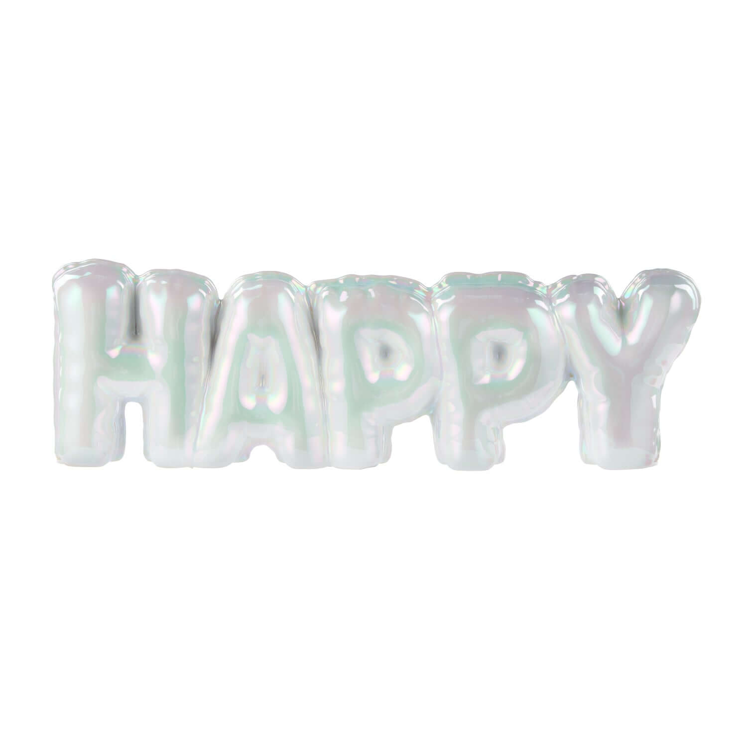 Happy Balloon Sculpture 34x5x11cm in glossy white clay with shiny metallic glaze, showcasing the word HAPPY.