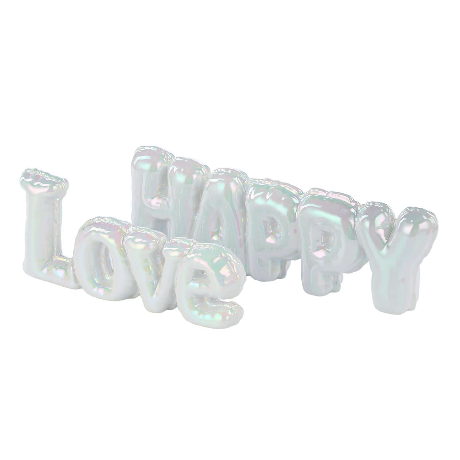 Happy Balloon Sculpture 34x5x11cm, clay decorative item, iridescent glaze, angled view showcasing lettering