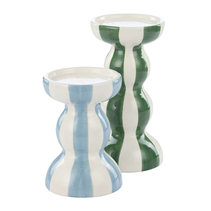 Lane Candle Holder, ceramic, striped finish, angled view highlighting blue and green decorative candle holders.