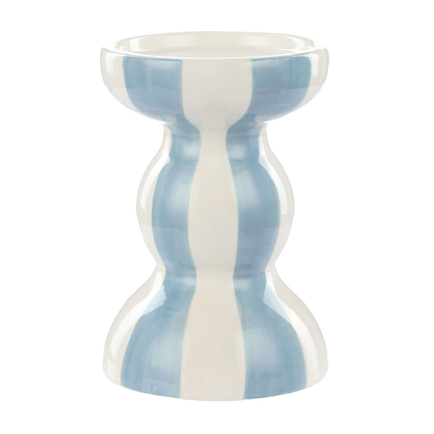 Lane candle holder, ceramic, blue and white striped, close up view showcasing smooth finish and contemporary design.