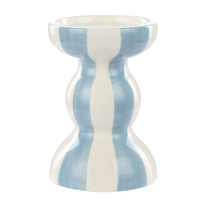 Lane candle holder, ceramic, blue and white striped, close up view showcasing smooth finish and contemporary design.