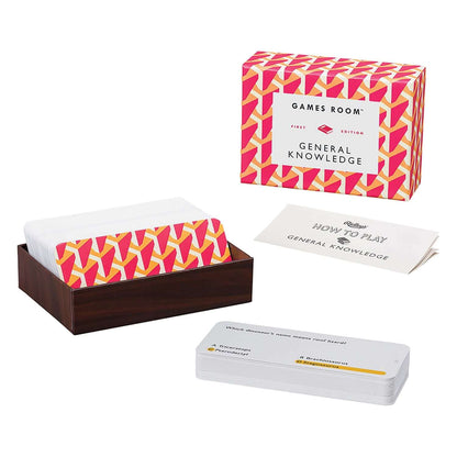 General Knowledge Quiz card game set with colourful packaging and question cards, stored in a wooden box.