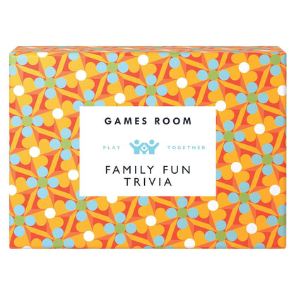 Family Fun Trivia game box in vibrant colours with floral pattern, perfect for family entertainment.