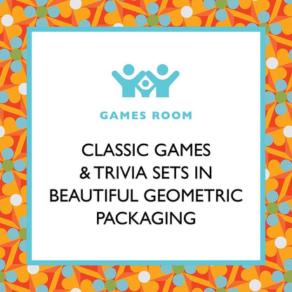 Family Fun Trivia game sets in vibrant geometric packaging on a bold patterned background.