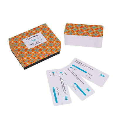 Family Fun Trivia game box with vibrant floral design and question cards displayed in an angled view, perfect for family entertainment.