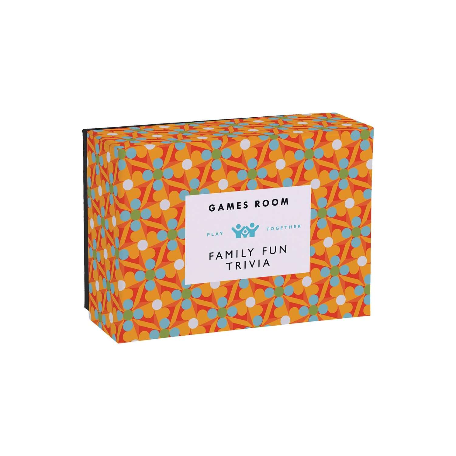 Family Fun Trivia game box in bright orange floral design with games room label for family-friendly trivia challenges.