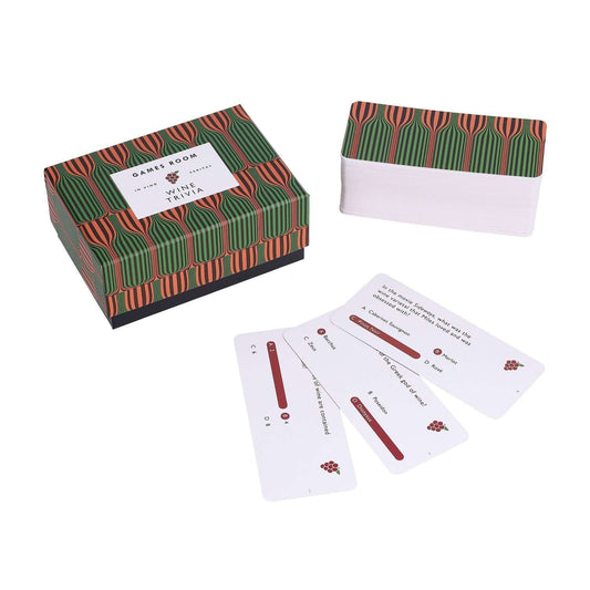Wine trivia game box with vibrant design and multiple-choice cards in a flat lay view, ideal for entertaining friends.