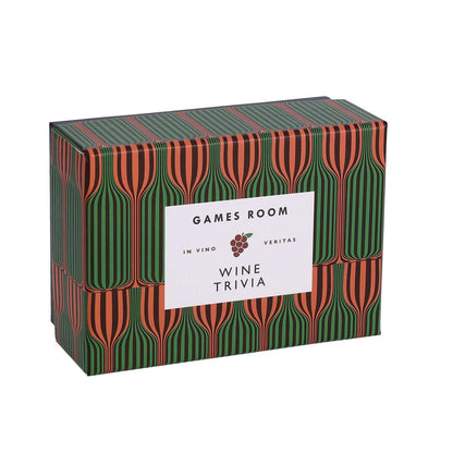 Wine trivia card game box featuring vibrant green and orange design with a clear label and patterned finish.