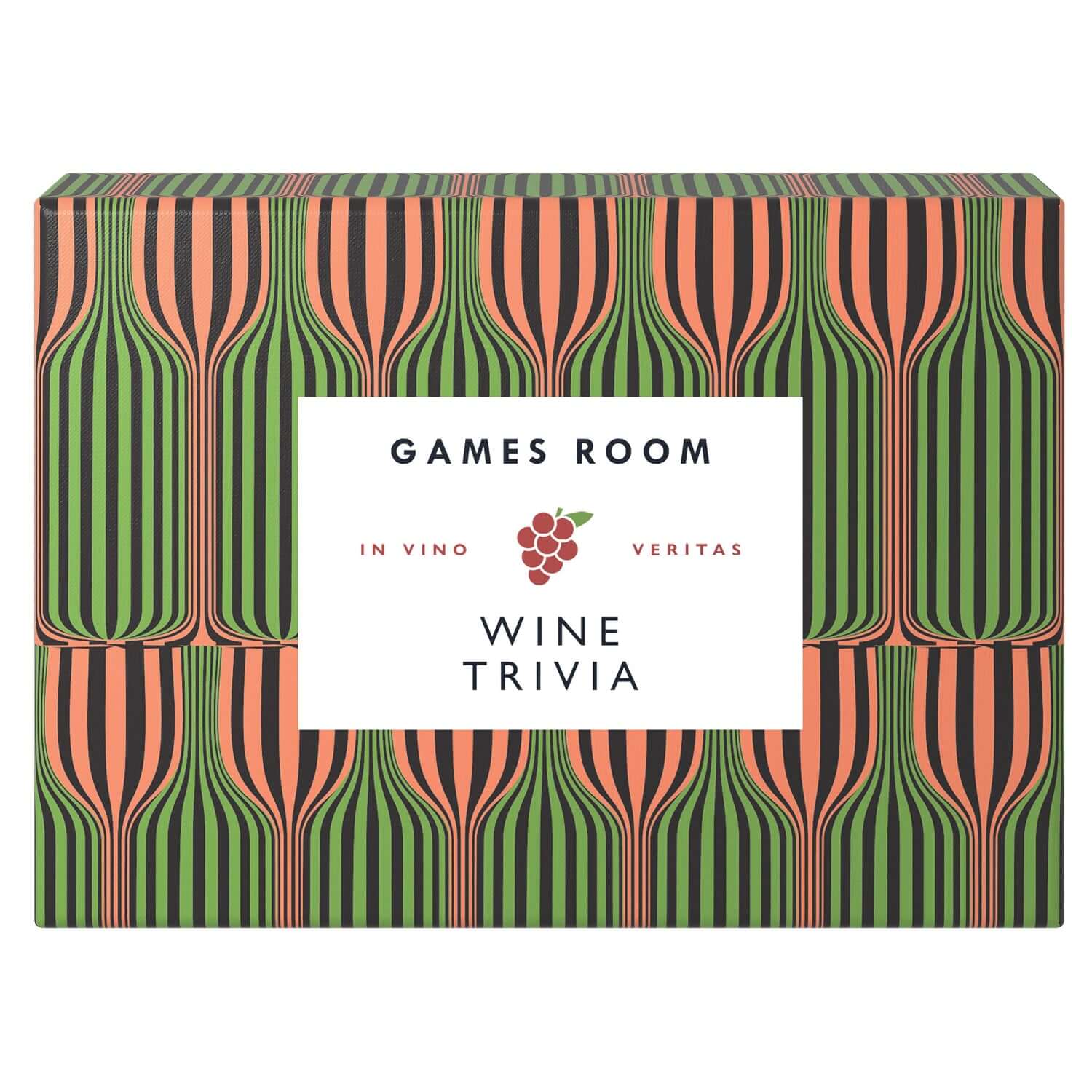 Wine Trivia portable trivia box with a vibrant striped design, perfect for enhancing wine knowledge during games night.