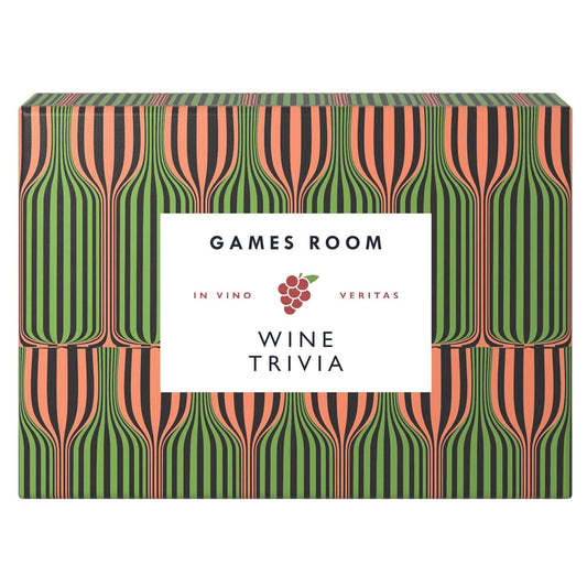 Wine Trivia portable trivia box with a vibrant striped design, perfect for enhancing wine knowledge during games night.