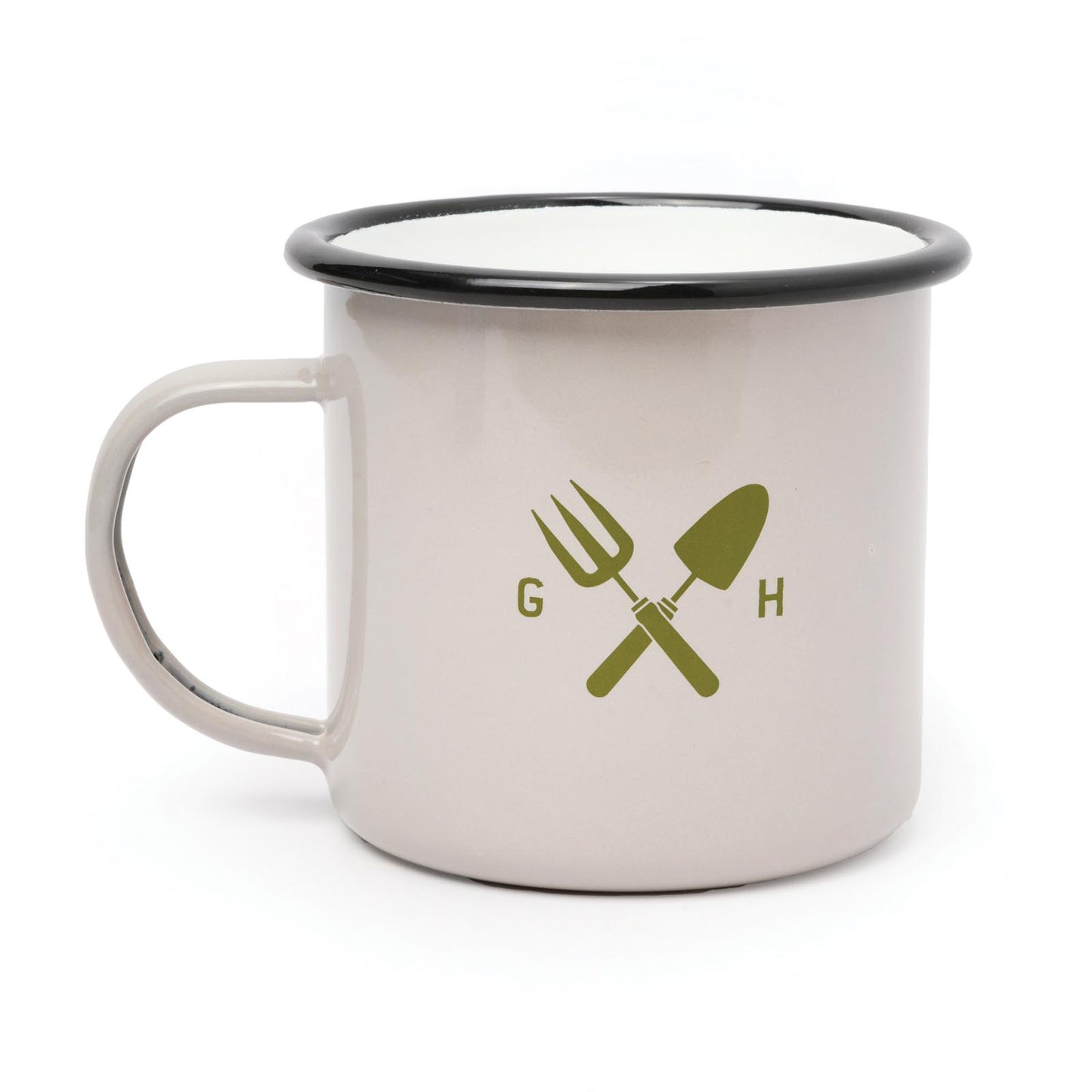 Garden enamel mug 500ml in cream with black rim, featuring gardening tool illustrations, angled view.