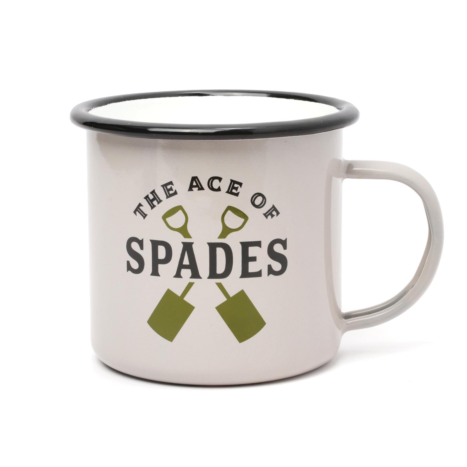 Garden enamel mug 500ml with gardening tool illustrations and 'The Ace of Spades' design, angled view.
