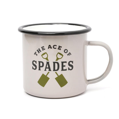 Garden enamel mug 500ml with gardening tool illustrations and 'The Ace of Spades' design, angled view.