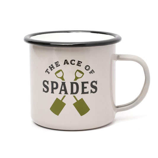 Garden enamel mug 500ml with gardening tool illustrations and 'The Ace of Spades' design, angled view.