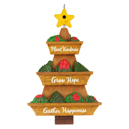Season's Gardenings — Hallmark Keepsake Christmas Ornament, tiered planter design featuring plant kindness, grow hope, gather happiness messages and yellow star.