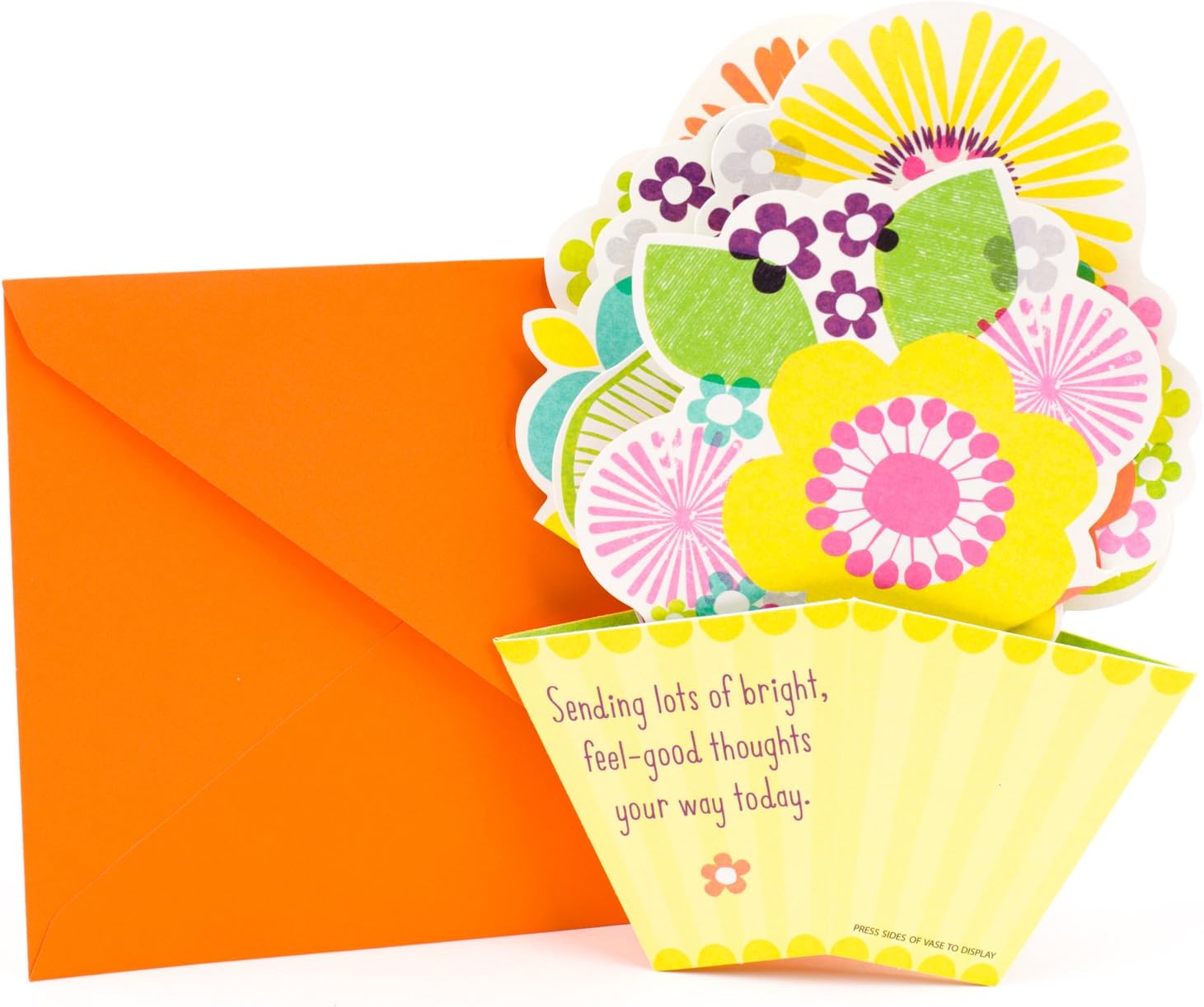 Hallmark Get Well Greeting Card (Pop-Up Flowers) with vibrant floral design, bright yellow pot, and orange envelope in flat lay view.