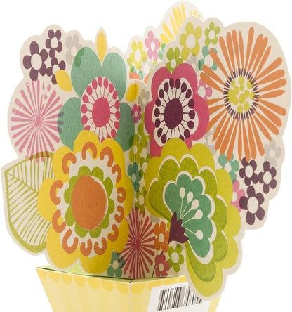 Hallmark Get Well Greeting Card (Pop-Up Flowers) featuring vibrant, colourful paper flowers in a yellow pop-up design.