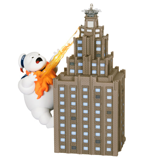 Ghostbusters Roast Him! With Light and Sound — 2026 Hallmark Keepsake Christmas Ornament featuring Stay Puft Marshmallow Man and building detail.