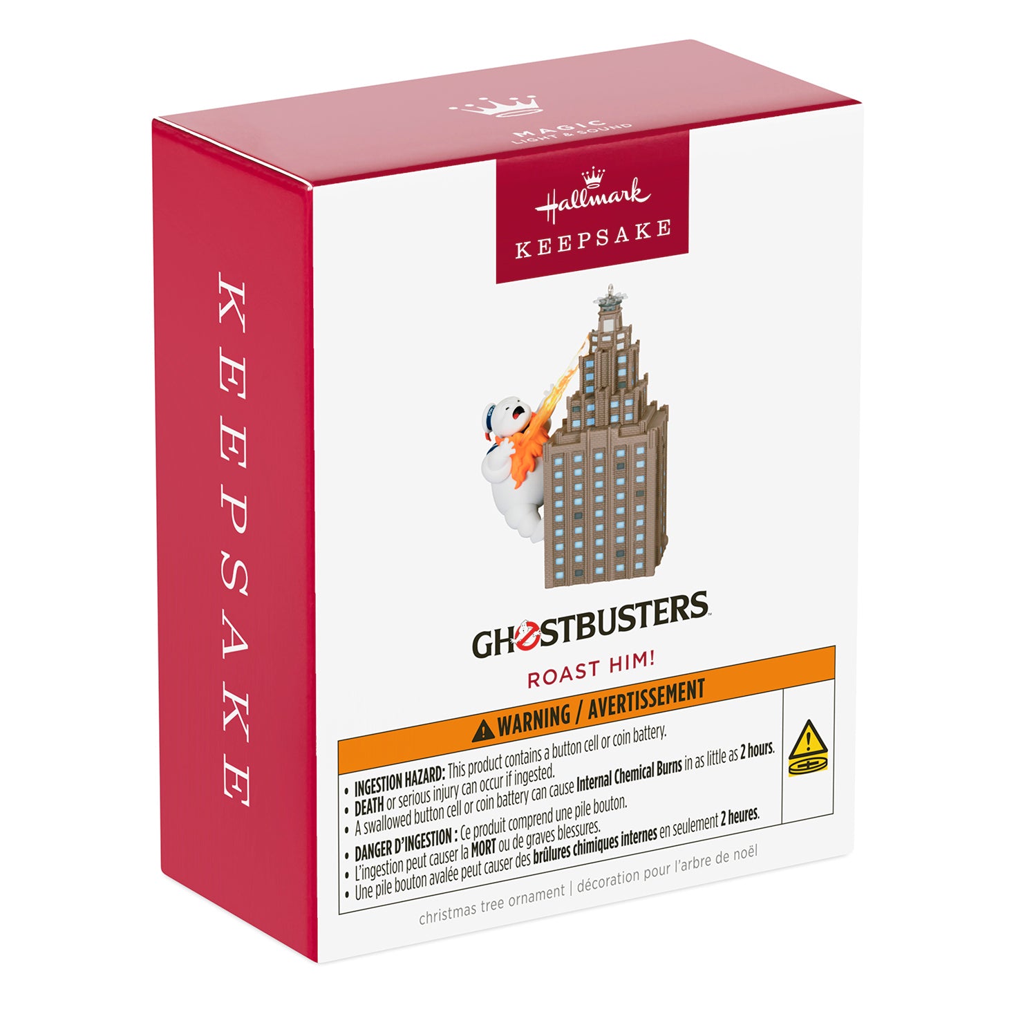 Ghostbusters Roast Him! With Light and Sound — 2026 Hallmark Keepsake Christmas Ornament packaging, featuring Stay Puft on building.