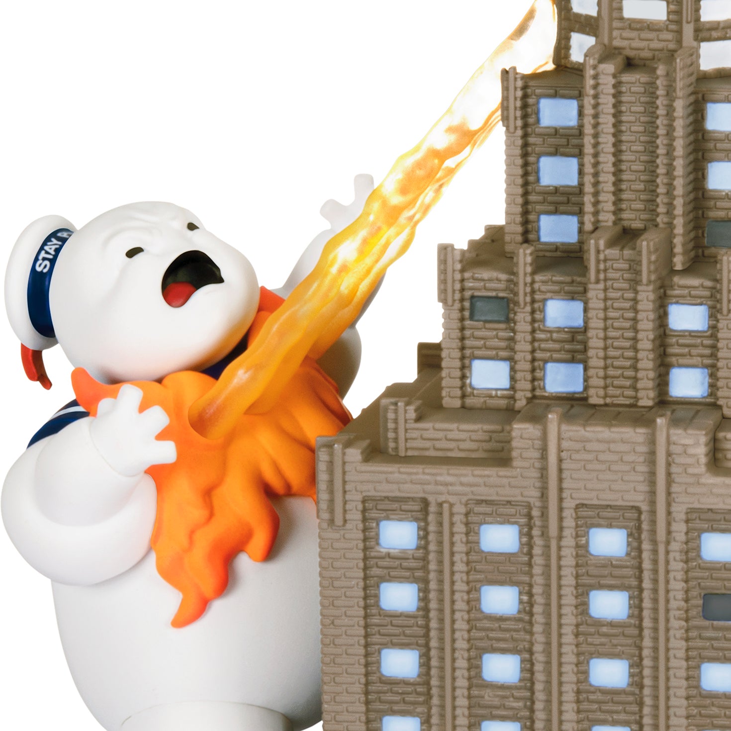 Ghostbusters Roast Him! With Light and Sound — 2026 Hallmark Keepsake Christmas Ornament features Stay Puft emitting flames at a skyscraper.