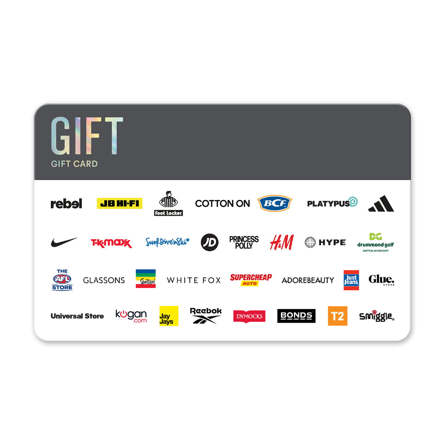 Gift card with various brand logos on a white background