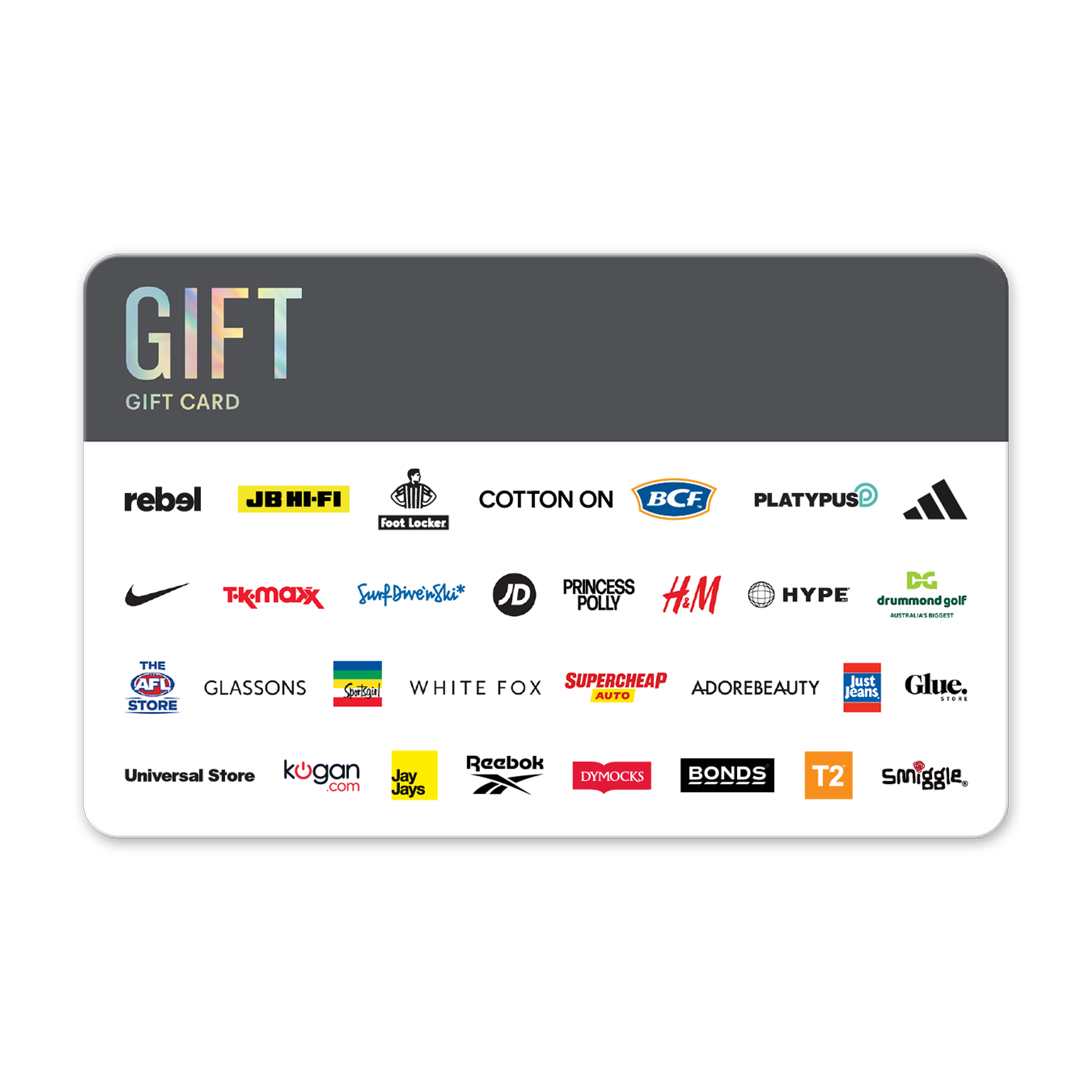 Gift card with various brand logos on a white background
