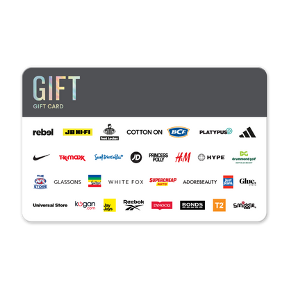 Gift card with various brand logos on a white background