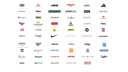 Grid of various brand logos on a white background