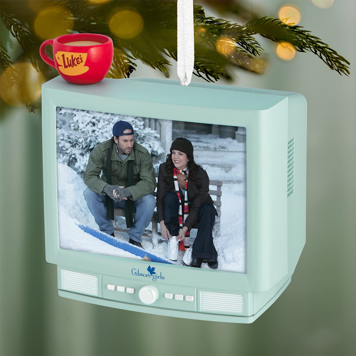 Gilmore Girls With Light and Sound — 2026 Hallmark Keepsake Christmas Ornament featuring a retro TV design and Luke's Diner mug.