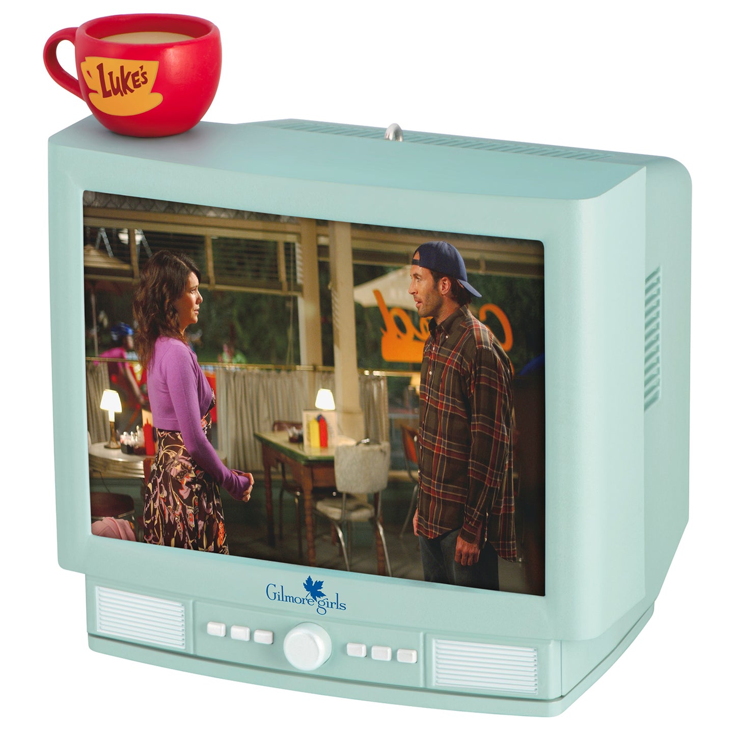 Gilmore Girls With Light and Sound — 2026 Hallmark Keepsake Christmas Ornament showing a retro TV set design with Luke's Diner latte mug on top.