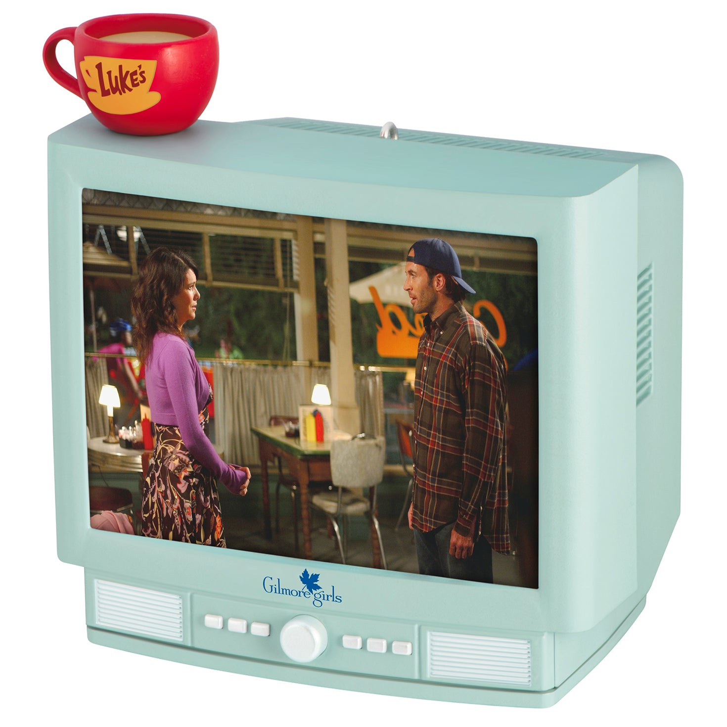 Gilmore Girls With Light and Sound — 2026 Hallmark Keepsake Christmas Ornament showing a retro TV set design with Luke's Diner latte mug on top.