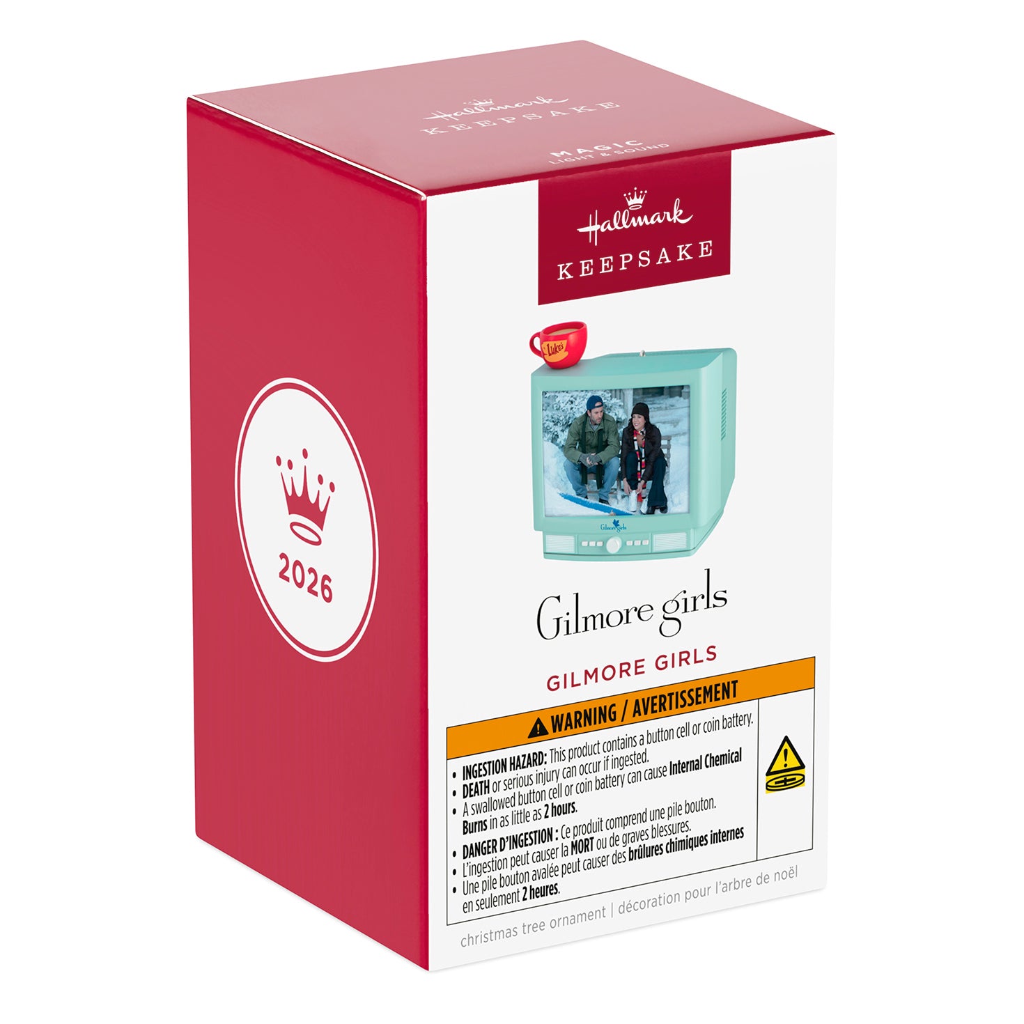 Gilmore Girls With Light and Sound — 2026 Hallmark Keepsake Christmas Ornament in gift packaging, featuring red and white box design with warning details.