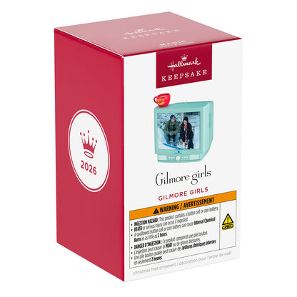 Gilmore Girls With Light and Sound — 2026 Hallmark Keepsake Christmas Ornament in gift packaging, featuring red and white box design with warning details.
