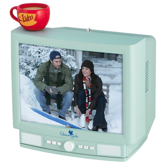 Gilmore Girls With Light and Sound — 2026 Hallmark Keepsake Christmas Ornament featuring Luke's Diner mug on retro TV design with characters.
