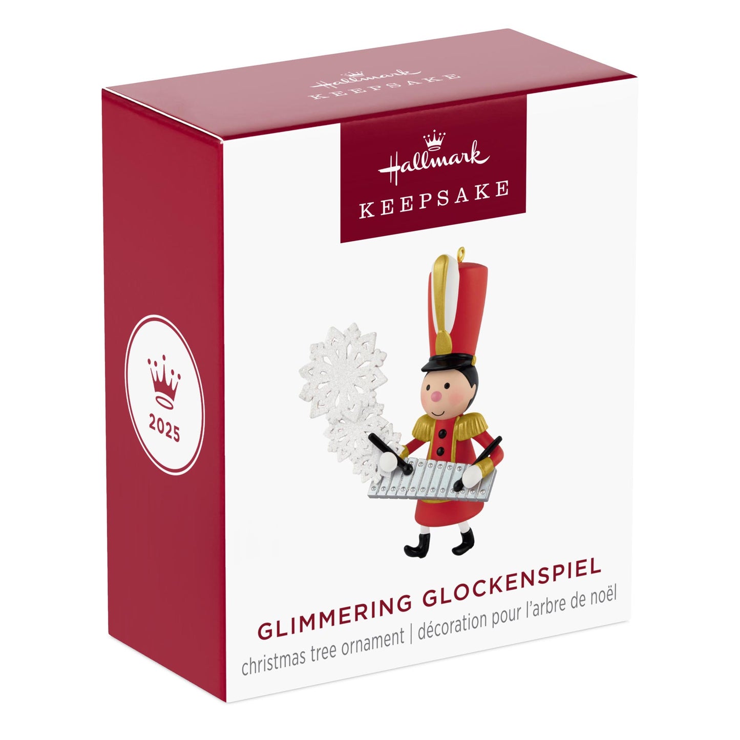 Glimmering Glockenspiel — 2025 Hallmark Keepsake Christmas Ornament box featuring a toy soldier and snowflakes design.