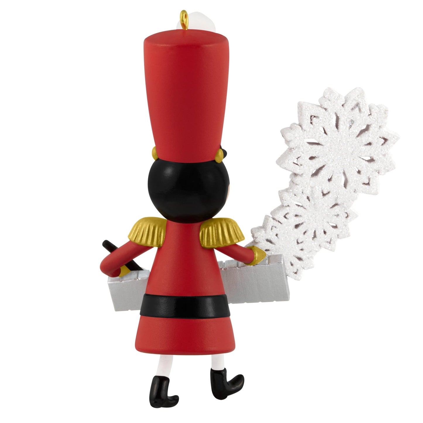 Glimmering Glockenspiel — 2025 Hallmark Keepsake Christmas Ornament, toy soldier in red uniform, playing glockenspiel with snowflakes, back view.