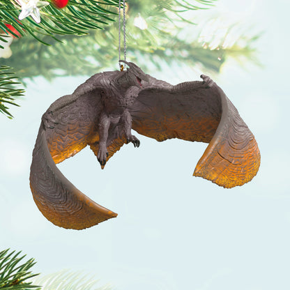 Godzilla: King of the Monsters, Rodan — 2025 Hallmark Keepsake Christmas Ornament, detailed, bio-volcanic pterosaur, hanging among green Christmas tree branches.