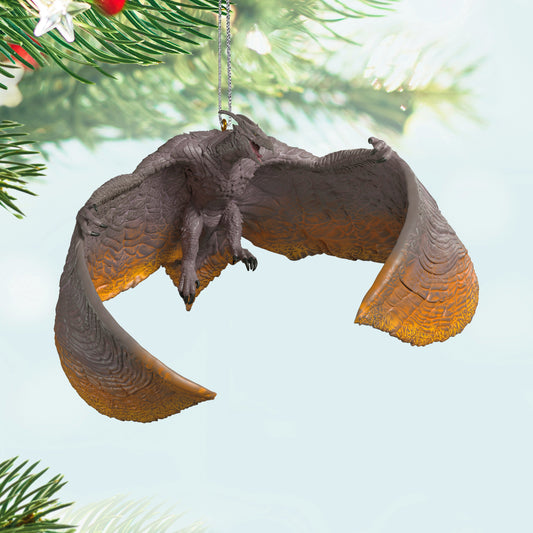 Godzilla: King of the Monsters, Rodan — 2025 Hallmark Keepsake Christmas Ornament, detailed, bio-volcanic pterosaur, hanging among green Christmas tree branches.