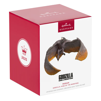 Godzilla: King of the Monsters, Rodan — 2025 Hallmark Keepsake Christmas Ornament packaging in bright red box with detailed graphics.