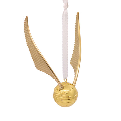 Hallmark Christmas Ornament (Harry Potter Golden Snitch Premium Metal) in gold with delicate wings, hanging by a white ribbon.