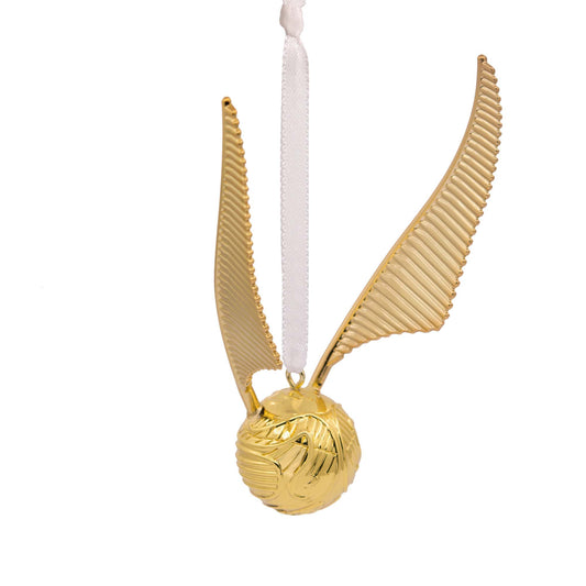Hallmark Christmas Ornament (Harry Potter Golden Snitch Premium Metal) with detailed wings hanging from a ribbon loop