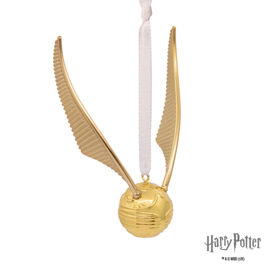 Hallmark Christmas Ornament (Harry Potter Golden Snitch Premium Metal) in gold with detailed wings, hanging from a white ribbon.