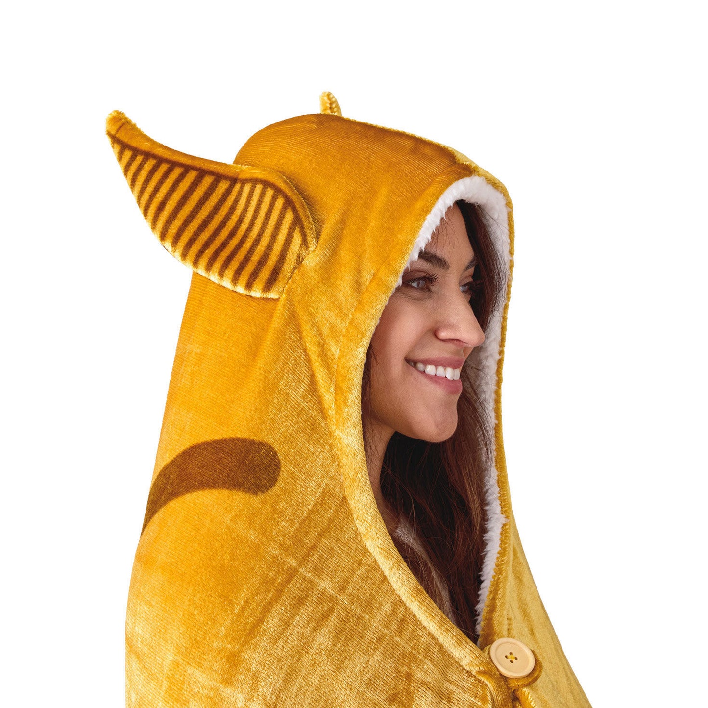 Harry Potter™ Golden Snitch™ hooded blanket in soft gold fleece, model wearing with detailed hood and ears.