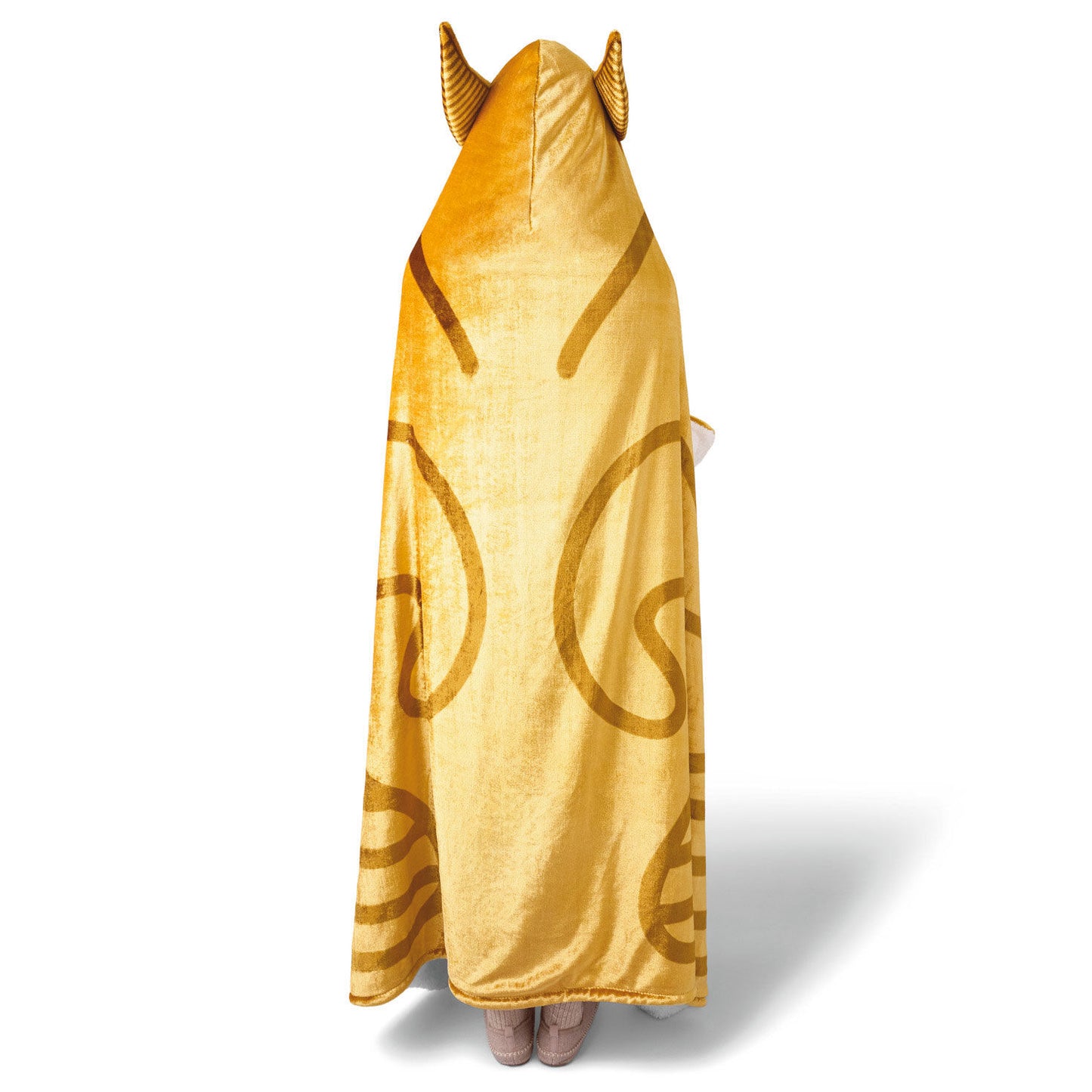 Harry Potter™ Golden Snitch™ hooded blanket in soft gold fleece, featuring wings and oversized design, worn from the back.