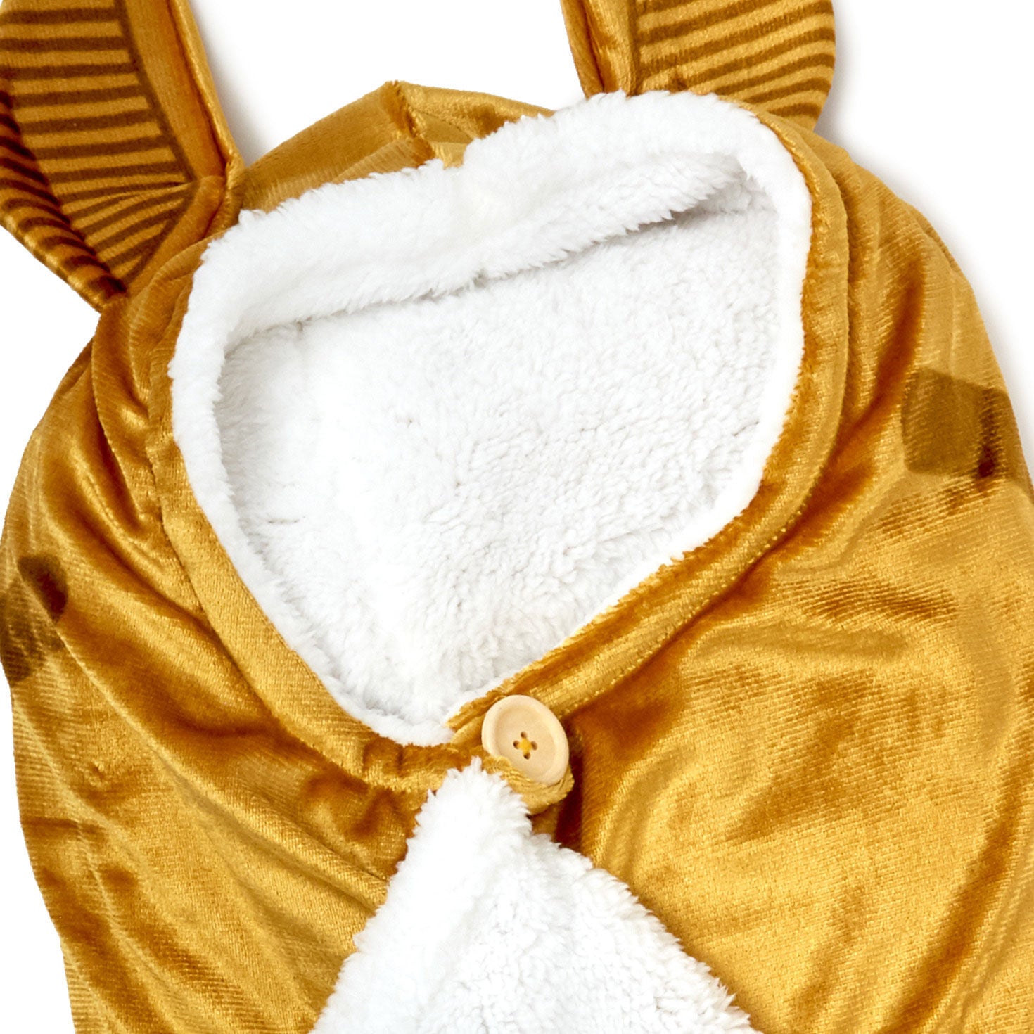 Harry Potter™ Golden Snitch™ Hooded Blanket in soft gold fleece with white inside, featuring a button and ear details.