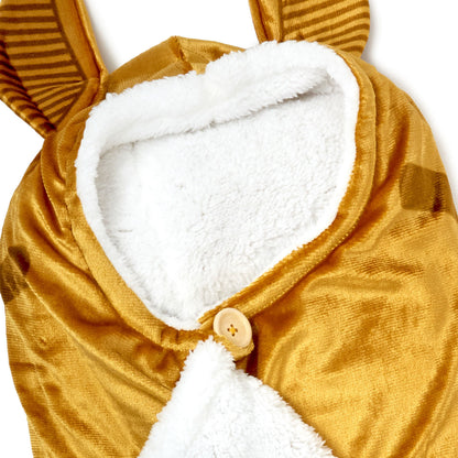 Harry Potter™ Golden Snitch™ Hooded Blanket in soft gold fleece with white inside, featuring a button and ear details.