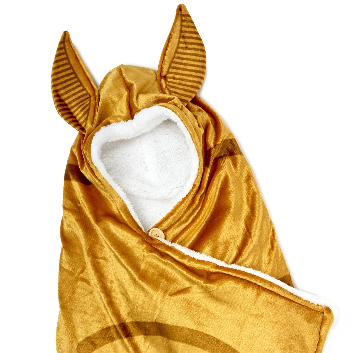 Harry Potter™ Golden Snitch™ hooded blanket in soft gold fleece, featuring a plush white lining and winged hood detail.