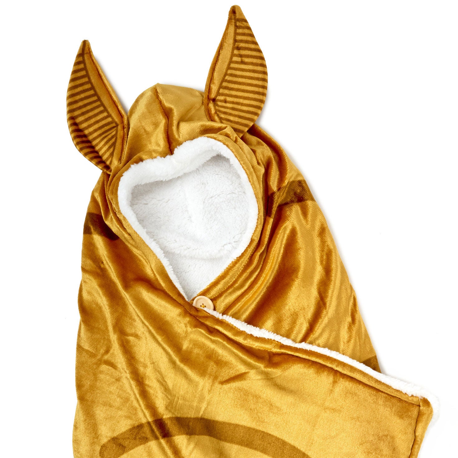 Harry Potter™ Golden Snitch™ hooded blanket in soft gold fleece, featuring a plush white lining and winged hood detail.