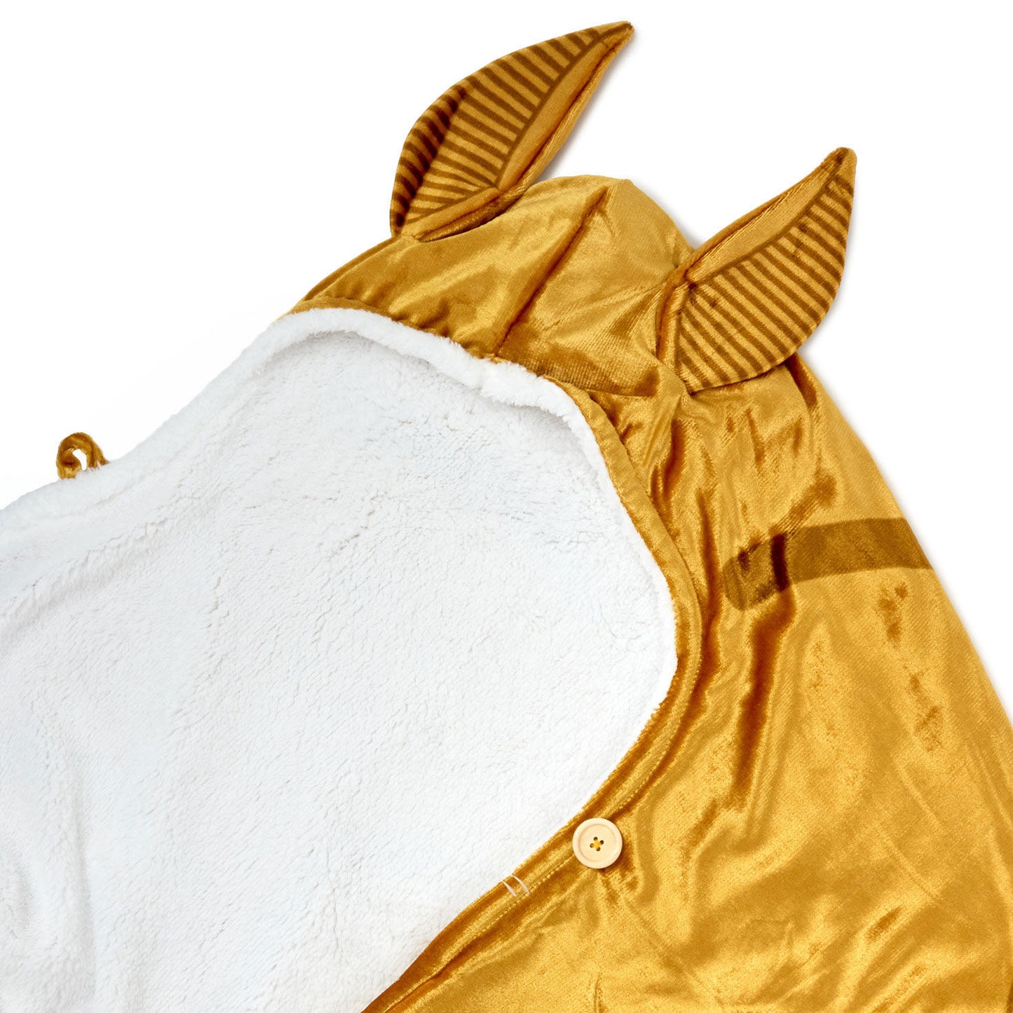 Harry Potter™ Golden Snitch™ hooded blanket in gold-toned fleece featuring textured ears and soft white lining in a close-up view.