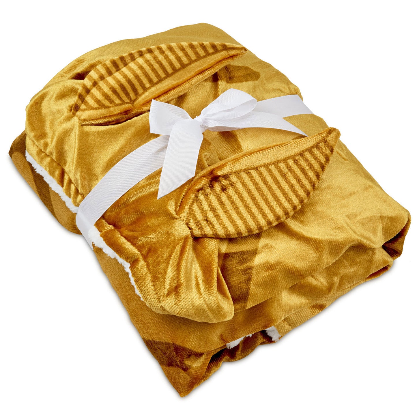 Harry Potter™ Golden Snitch™ hooded blanket in soft gold fleece with striped wings and bow tie, folded neatly.